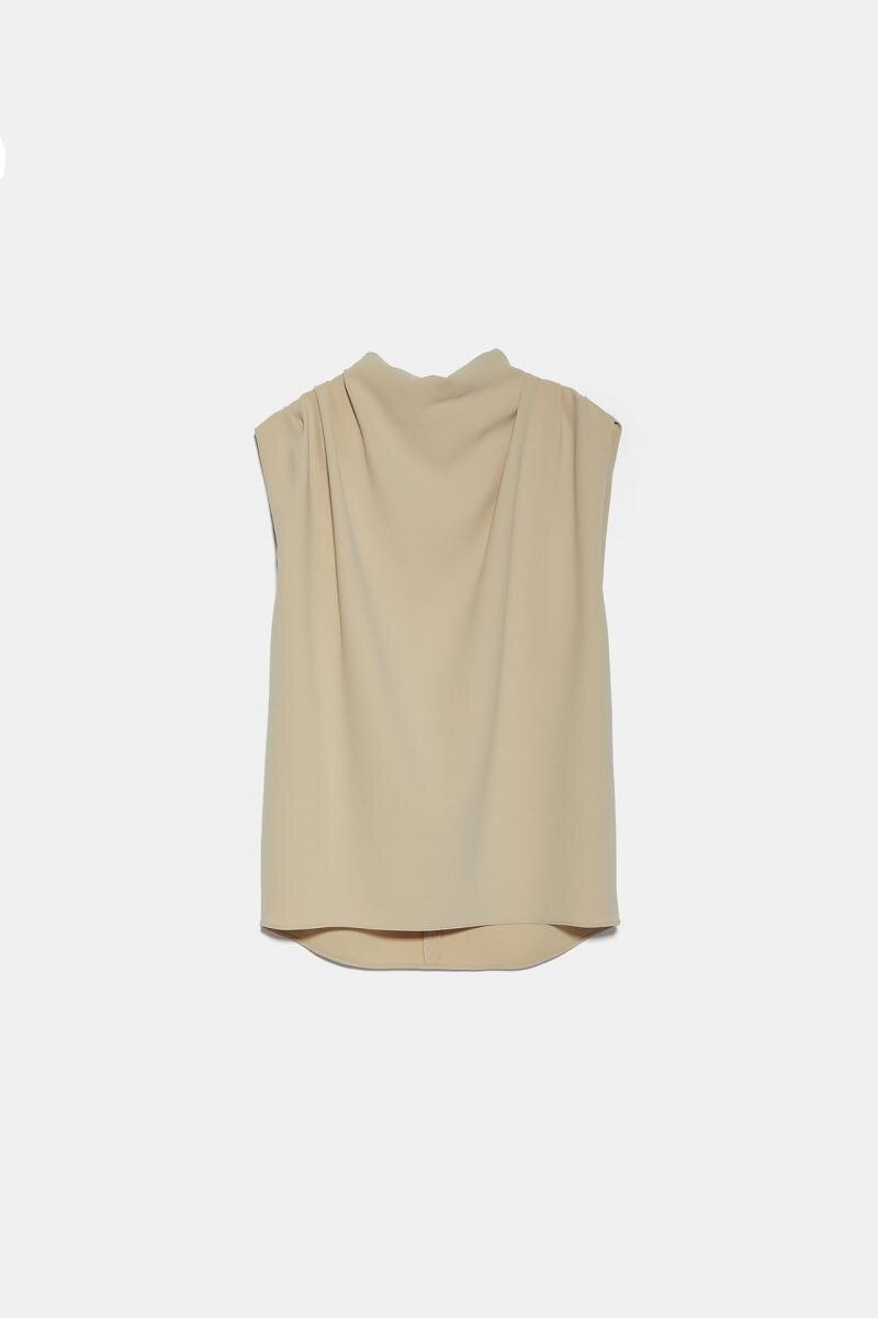 Zara High Collar Sleeveless Shirt in Beige — UFO No More