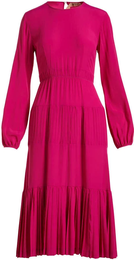 No. 21 Long-Sleeve Pleated Midi Dress in Pink