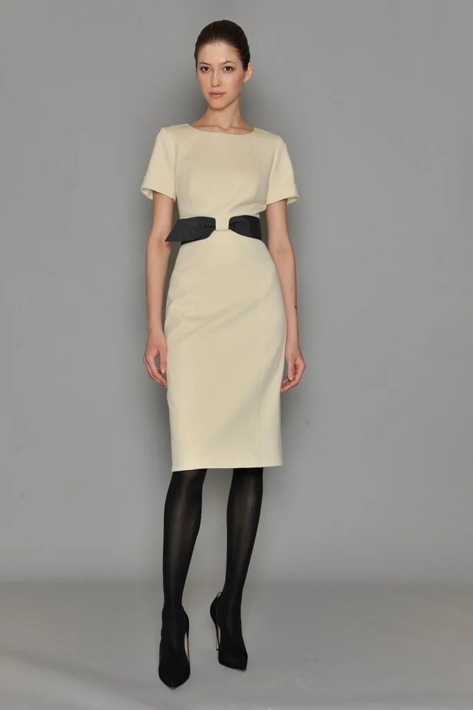 Carolina Herrera Satin Belt Sheath Dress in Ivory