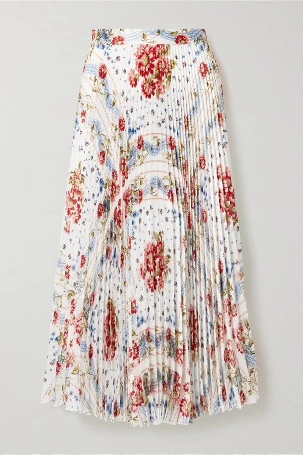 Paul & Joe Pleated Floral Print Voile Midi Skirt in White