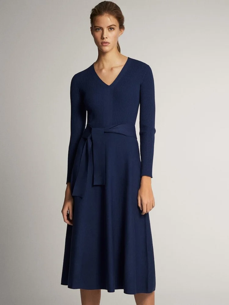 cos draped-neck ribbed wool dress COS Women's Draped-Collar Merino Dress in Black | Wool