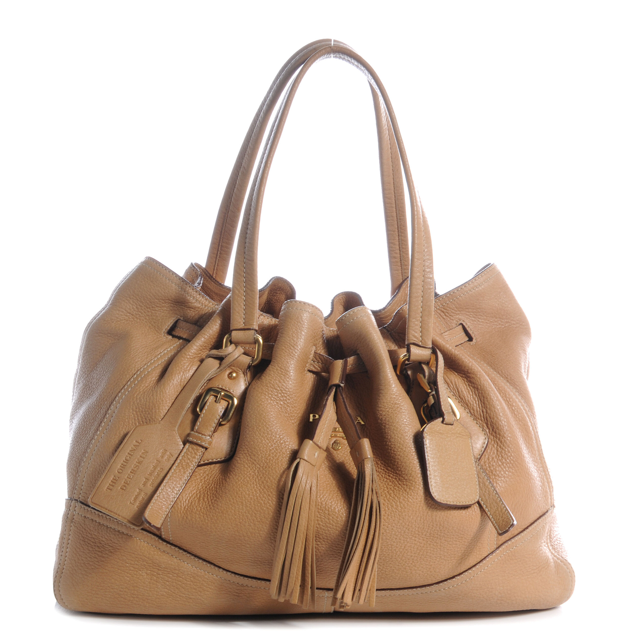 Prada Cervo Antik Drawstring Bag in Tan Leather — UFO No More