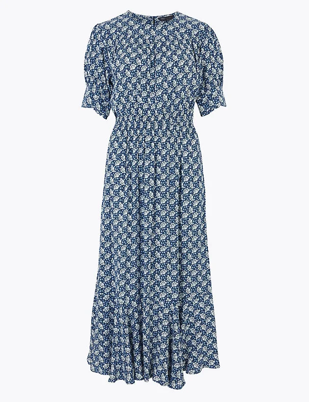 Marks & Spencer Printed Yoke Midi Waisted Dress in Blue