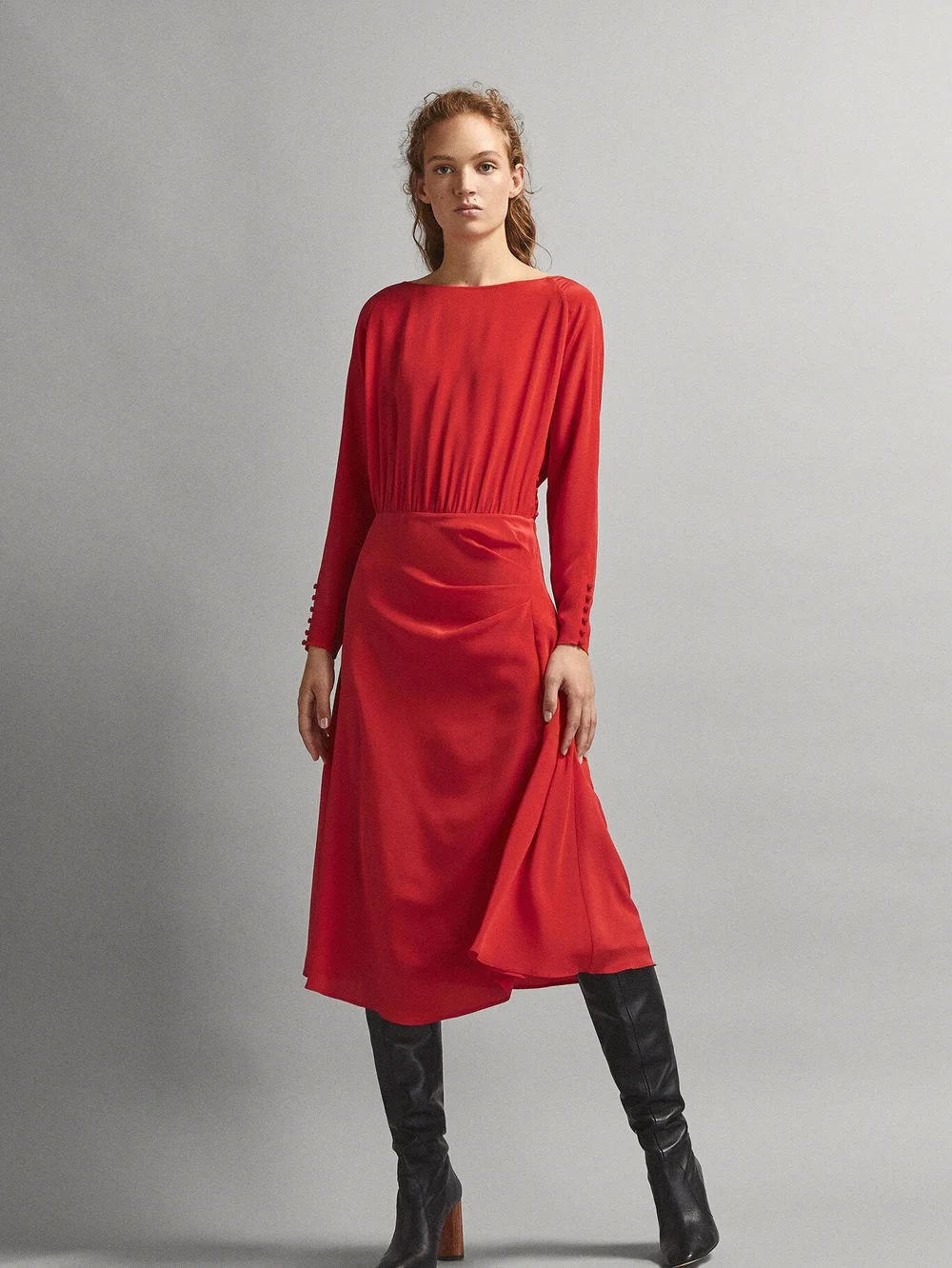 pastel pink dress long sleeve Chic Women's Solid Color Bell Sleeve Dress