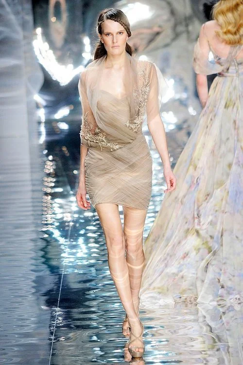 Elie Saab Couture Beaded Shawl Draped Gown in Blue