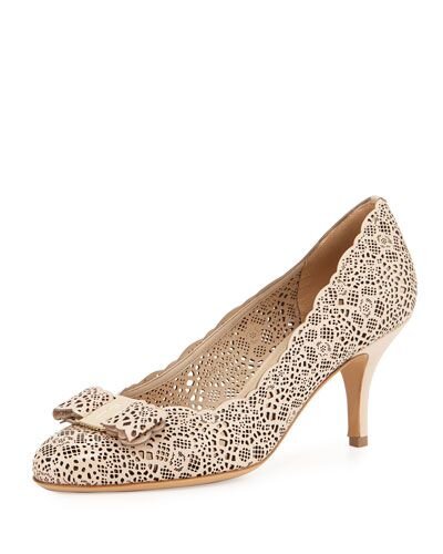 Salvatore Ferragamo Carla Bow Pumps in Beige Laser Cut Leather
