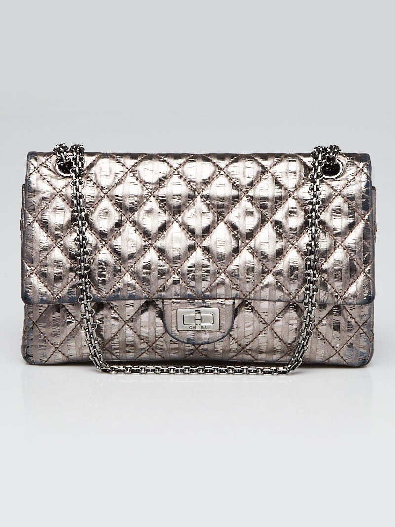 Chanel 2.55 Quilted Classic Calfskin Leather 226 Flap Bag in Silver  Metallic Striped — UFO No More
