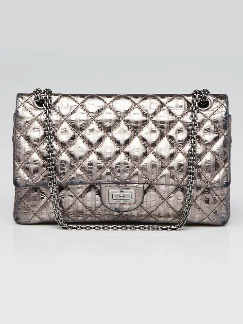 Chanel 2.55 Quilted Classic Calfskin Leather 226 Flap Bag in Silver Metallic  Striped — UFO No More