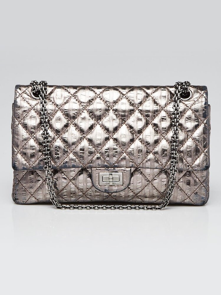 Chanel Silver Chevron Quilted Iridescent Calfskin Leather Urban