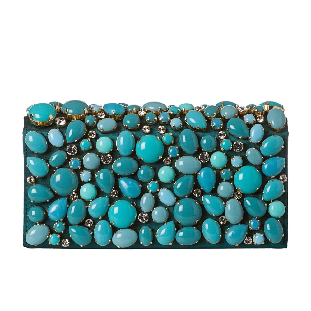 Prada Raso Pietre Embellished Satin Clutch in Green