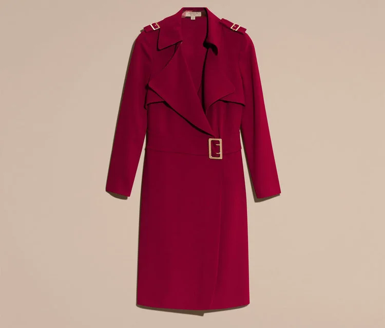 Burberry Buckle Detail Satin-Back Crepe Trench Dress in Garnet Red
