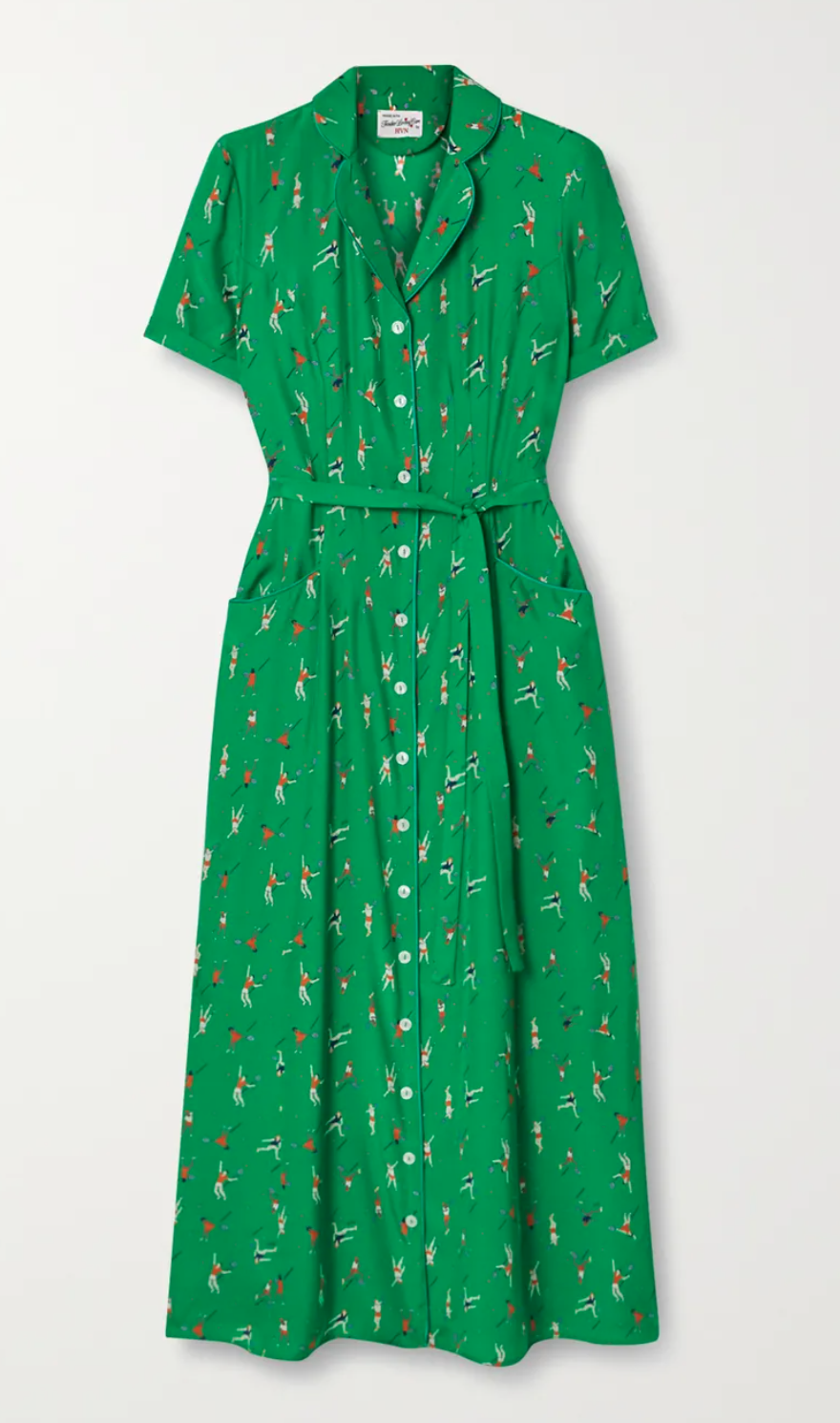 HVN Maria Printed Belted Midi Dress in Green