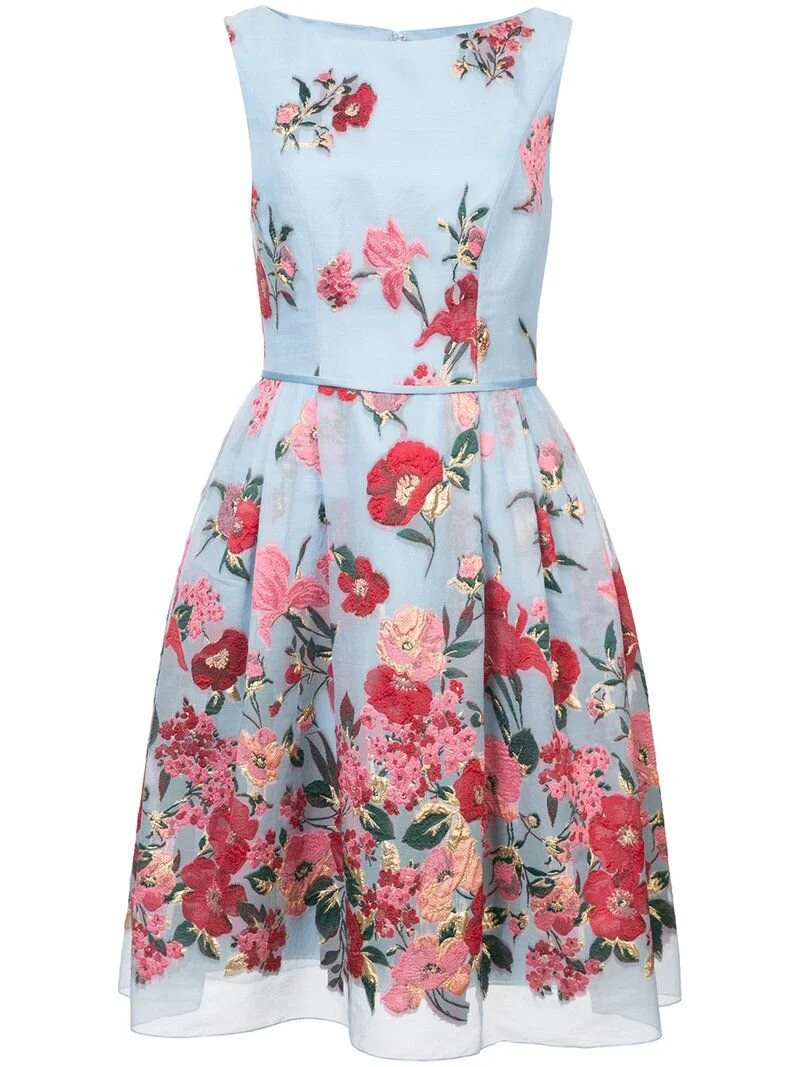 Carolina Herrera Sheer Sleeves Floral-Print Day Dress in Blue