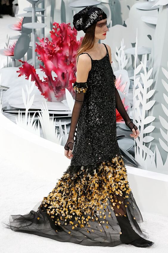 CHANEL” COUTURE SEQUIN / TULLE PEPLUM GOWN