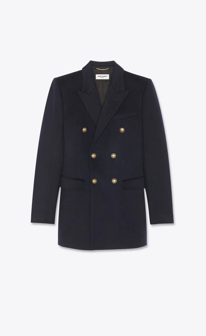 Saint Laurent Paris Double-Breasted Jacket in Navy Cashmere Flannel