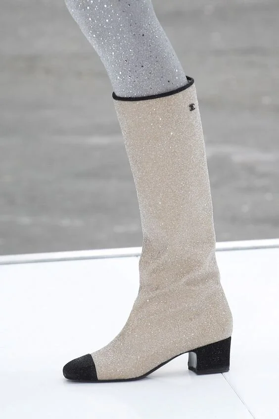 Chanel Glitter Cap-Toe Knee-High Boots in Beige