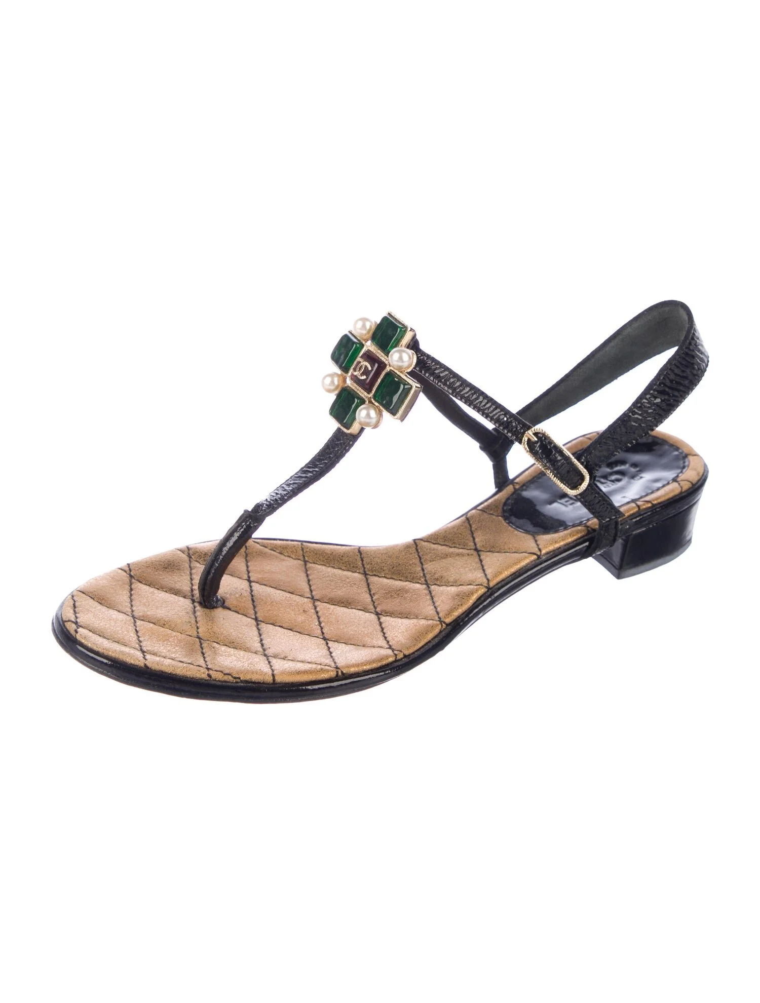 Chanel Gripoix Buttons Patent Leather T-Strap Sandals