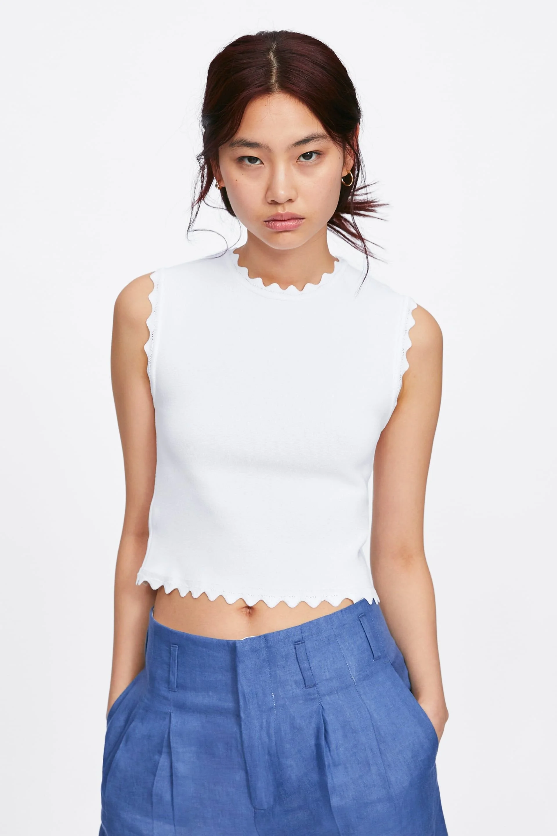 Zara Scalloped Sleeveless Knit Top in White