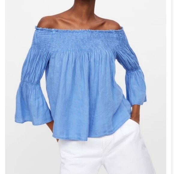 Zara Linen Off The Shoulder Smocked Top in Blue