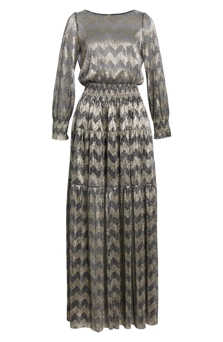 Ba&Sh Boat-Neck Chevron Stripe Metallic Maxi Dress