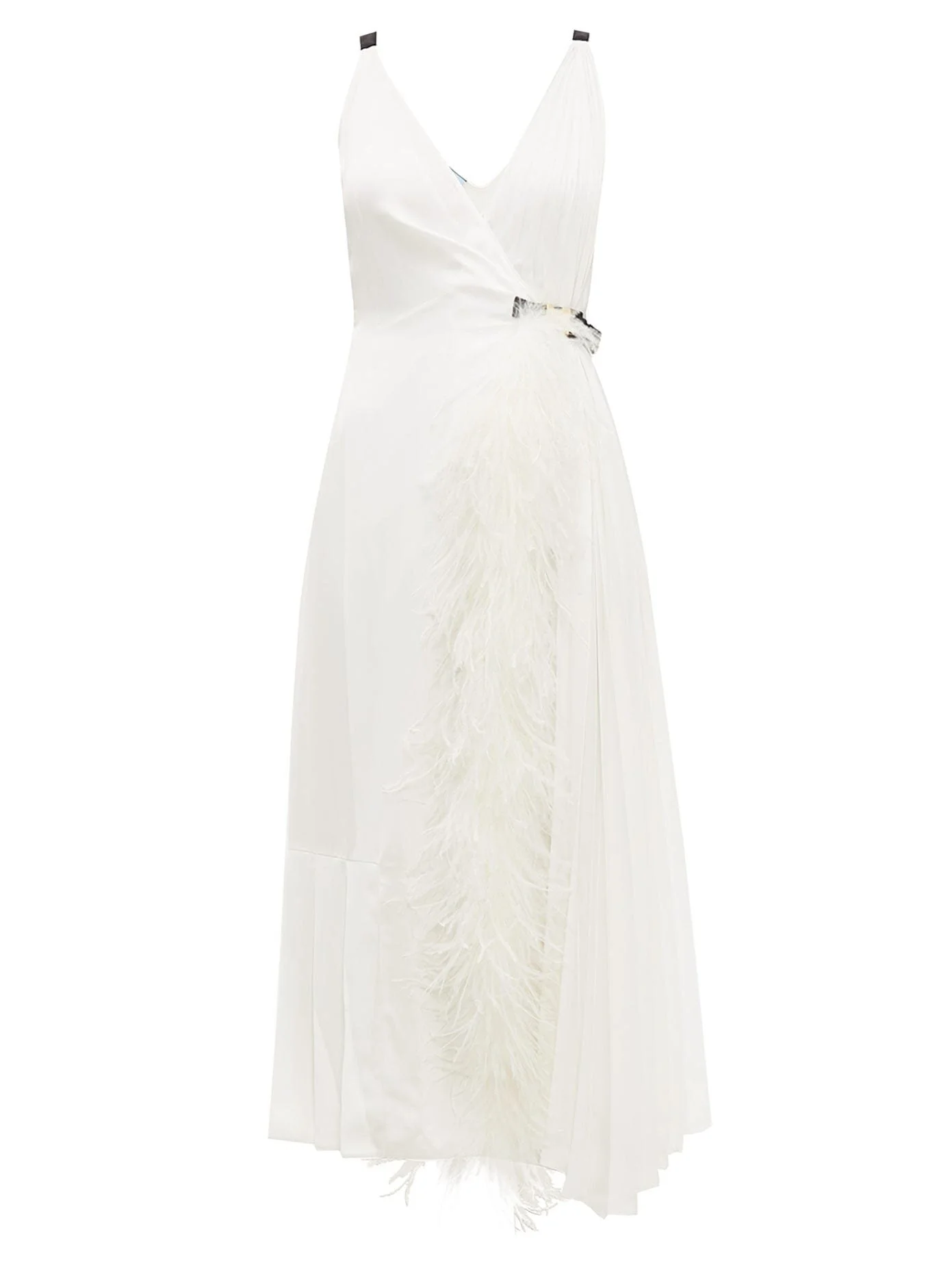 Prada Feather-trimmed Pleated Wrap Dress