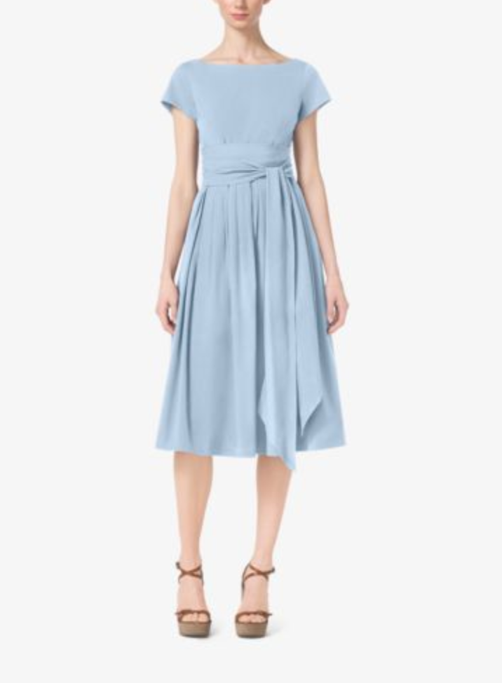 mid blue bridesmaid dresses Light Blue Elastic Satin V-neck Tea-length Column With Slit Bridesmaid  Dresses, CB0300 main image 1