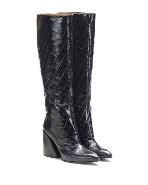 Aug 31 Chlo Wave Knee High Boots in Navy Ink Croc Effect Leather