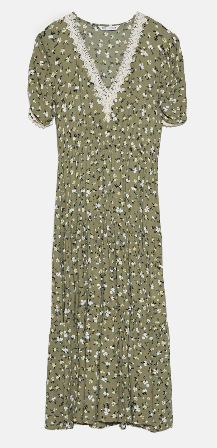 Zara Floral Printed Lace Trim Dress in Green — UFO No More