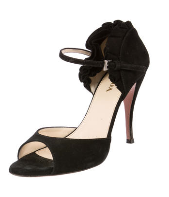 Prada Ruffle Detail Ankle Strap Sandals in Black Suede