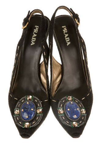 Prada Denim Jewelled Peep Toe Pumps
