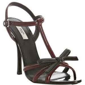 Prada Two Tone T-Strap Bow Detail Sandals in Burgundy Patent