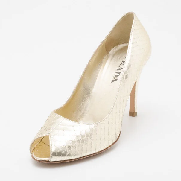 Prada Snakeskin Print Peep Toe Pumps in Gold