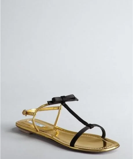 Prada Two Tone Satin and Leather Bow Flat Sandals in Black
