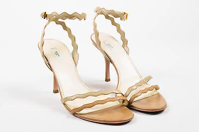 Prada Scalloped Strappy Ribbon Sandals in Brown Croc Leather