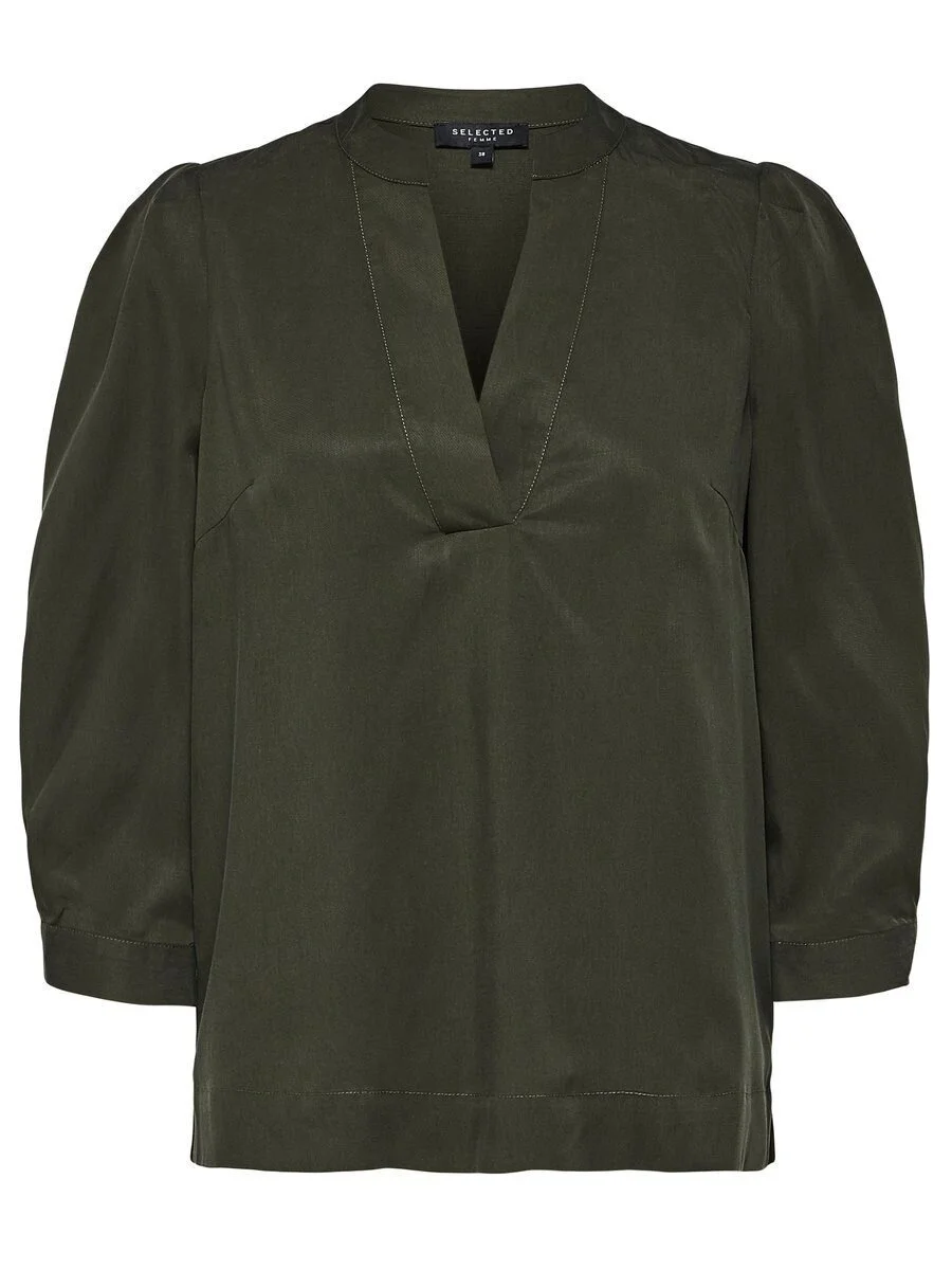Selected Femme V-neck Top with 3/4 Sleeves in Dark Green