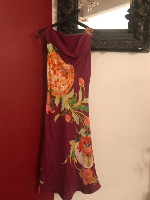 Stella Forest Floral Printed Silk Dress in Burgundy