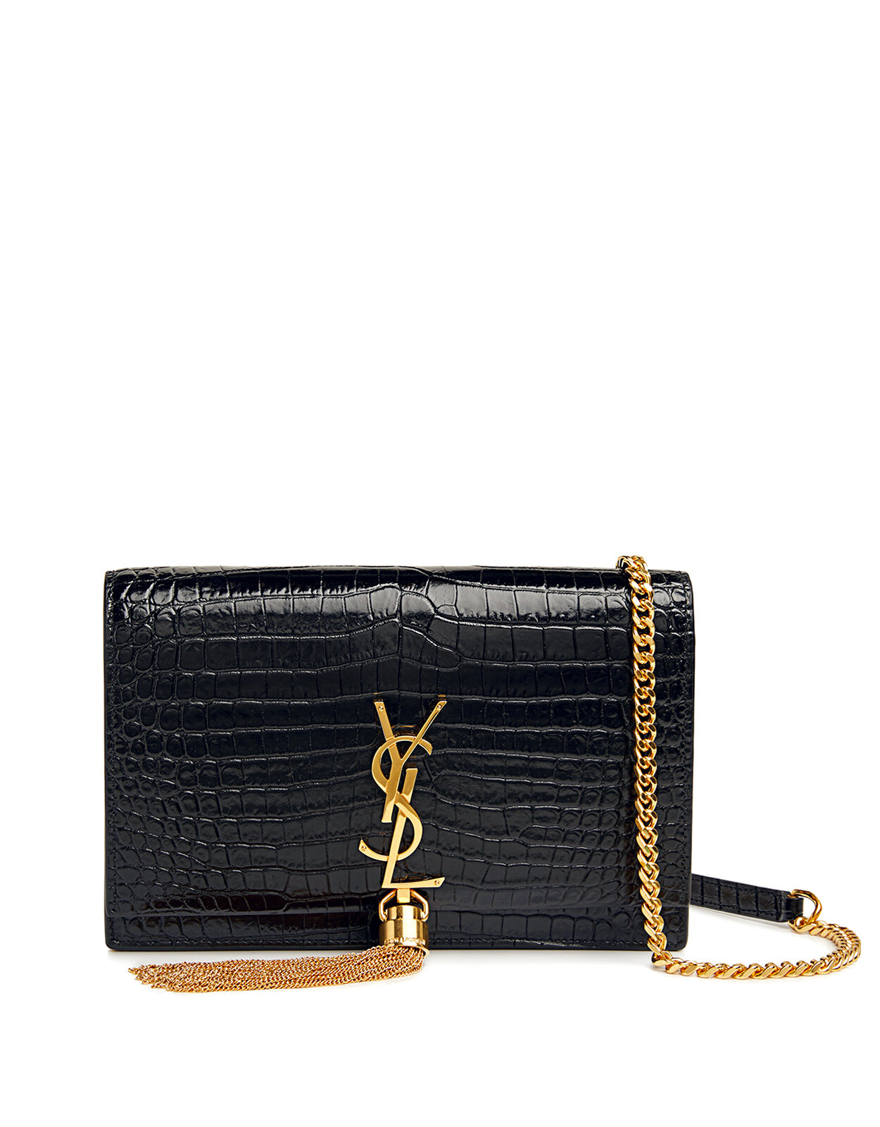 Saint Laurent Small Kate Tassel Bag in Black Crocodile-Embossed Leather  with Gold Hardware — UFO No More