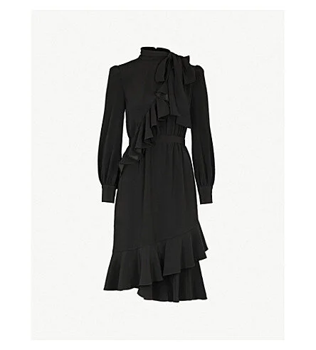 CO Long-sleeve Cascade Ruffle Crepe Dress in Black