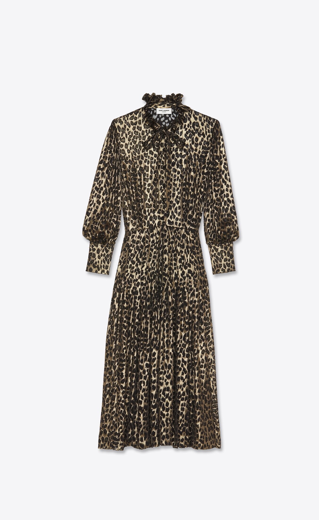 Saint Laurent Lavallière-Neck Long Dress in Metallic Leopard Satinet.jpg