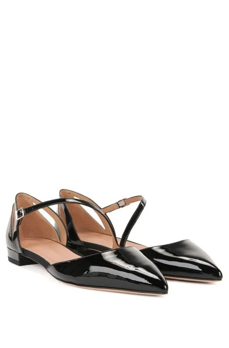 Hugo Boss Bella Asymmetric Strap Ballet Flats in Black Patent Leather