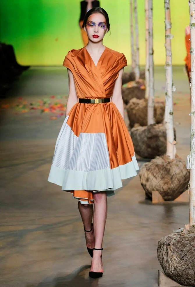 Mattijs van Bergen Pleated Draped Cap Sleeves Dress in Orange