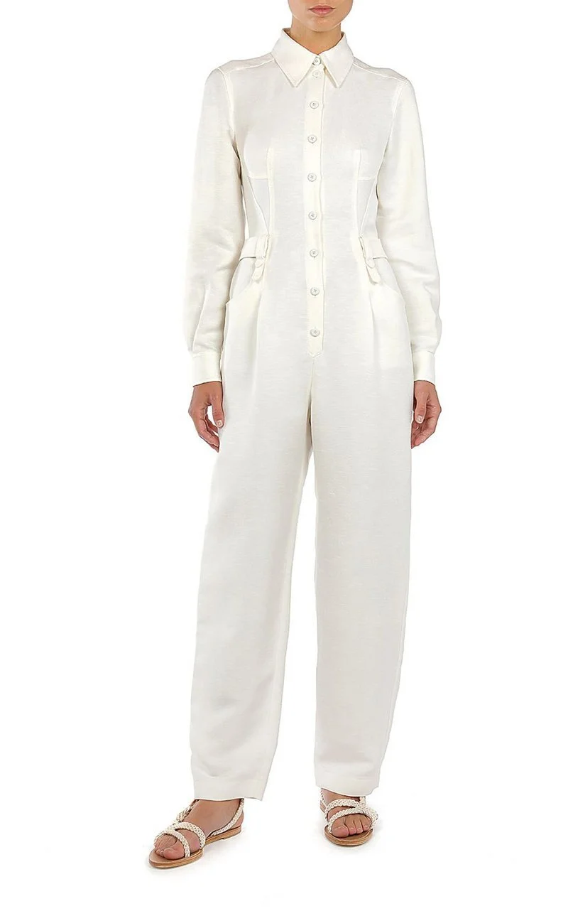 Alberta Ferretti Linen-Blend Button-Down Jumpsuit in White
