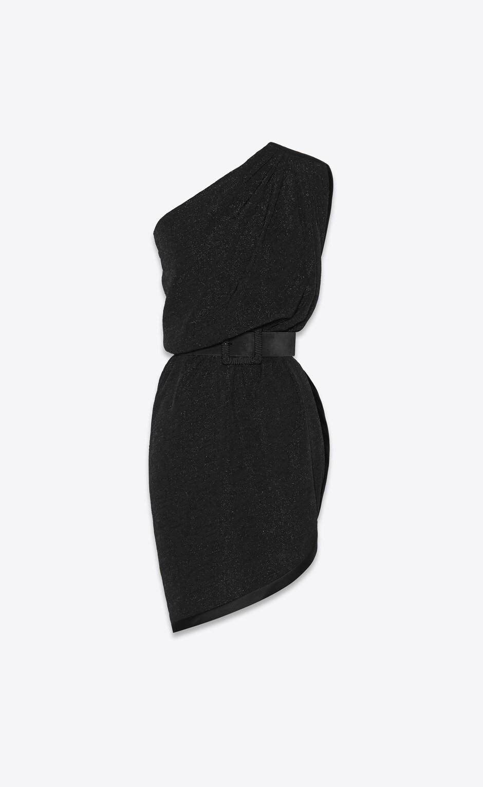 Saint Laurent One-Shoulder Asymmetrical Dress in Shiny Black Jacquard.jpg