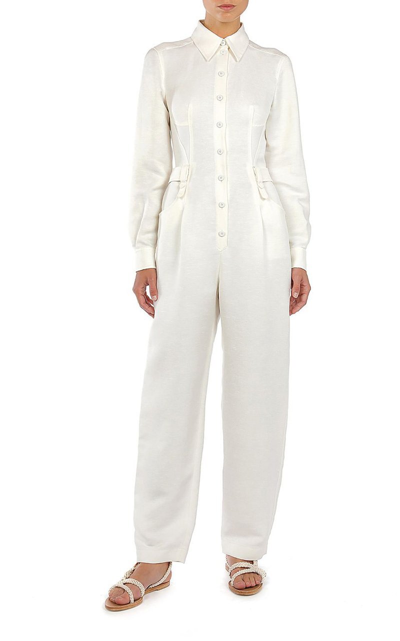 Alberta Ferretti Linen-Blend Button-Down Jumpsuit in White.jpg