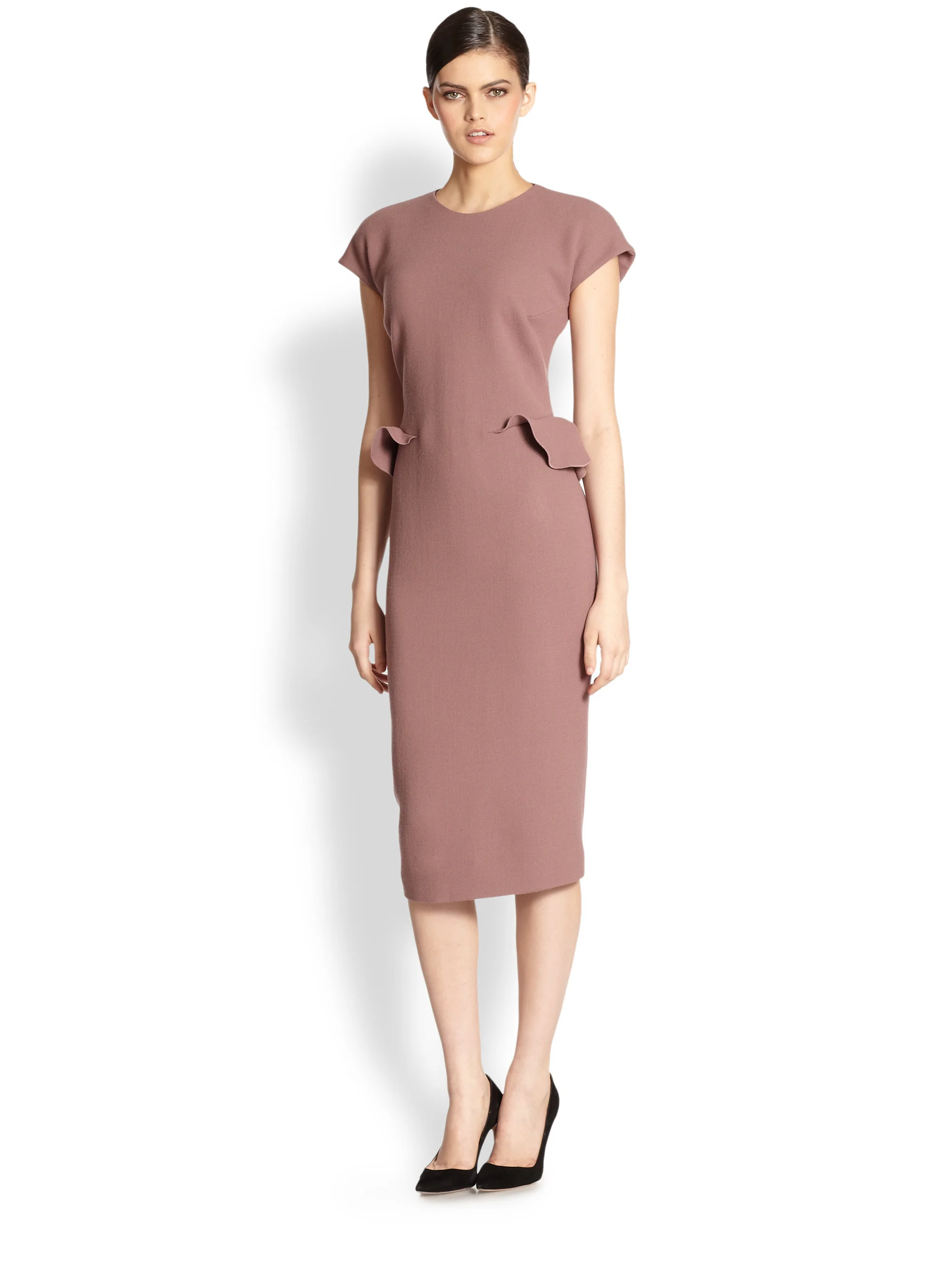 Bottega Veneta Ruffle Wool Crepe Dress in Mauve