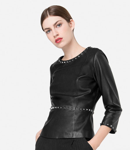 Uterque Studded Nappa Peplum Top in Black