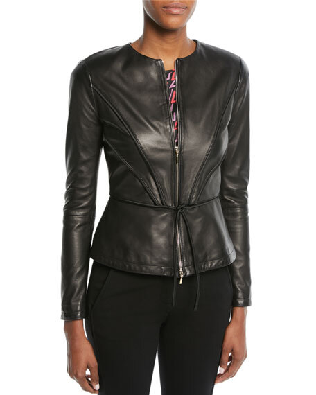 Emporio Tie Detail Pleated Leather Jacket in Black — UFO No More