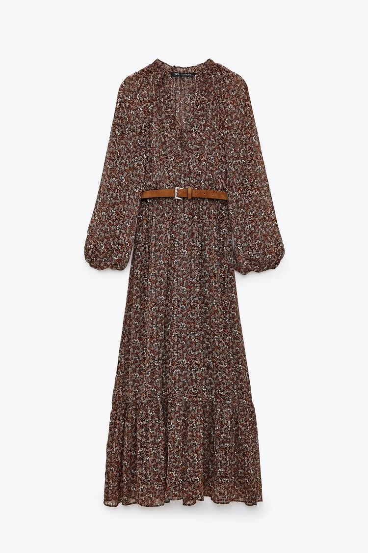 Zara Printed Midi Dress with Belt