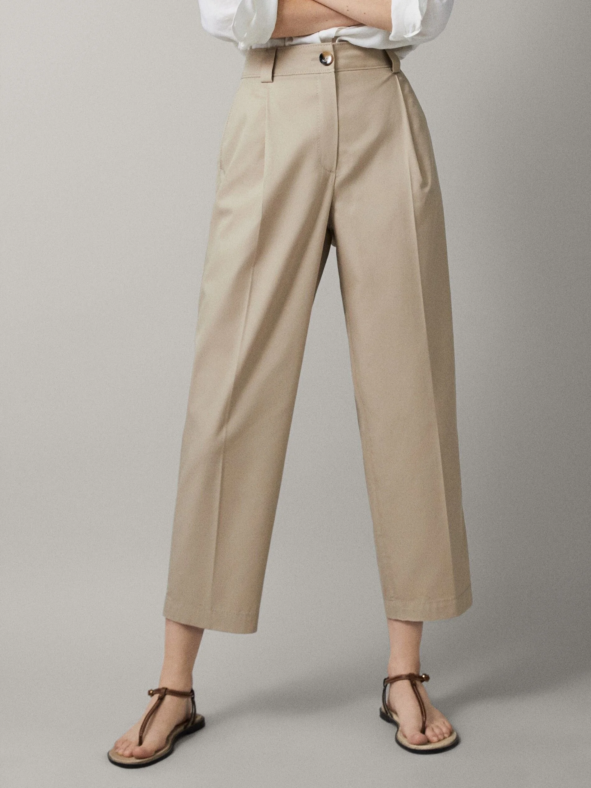 Massimo Dutti Darted Cropped Fit Chinos in Sand