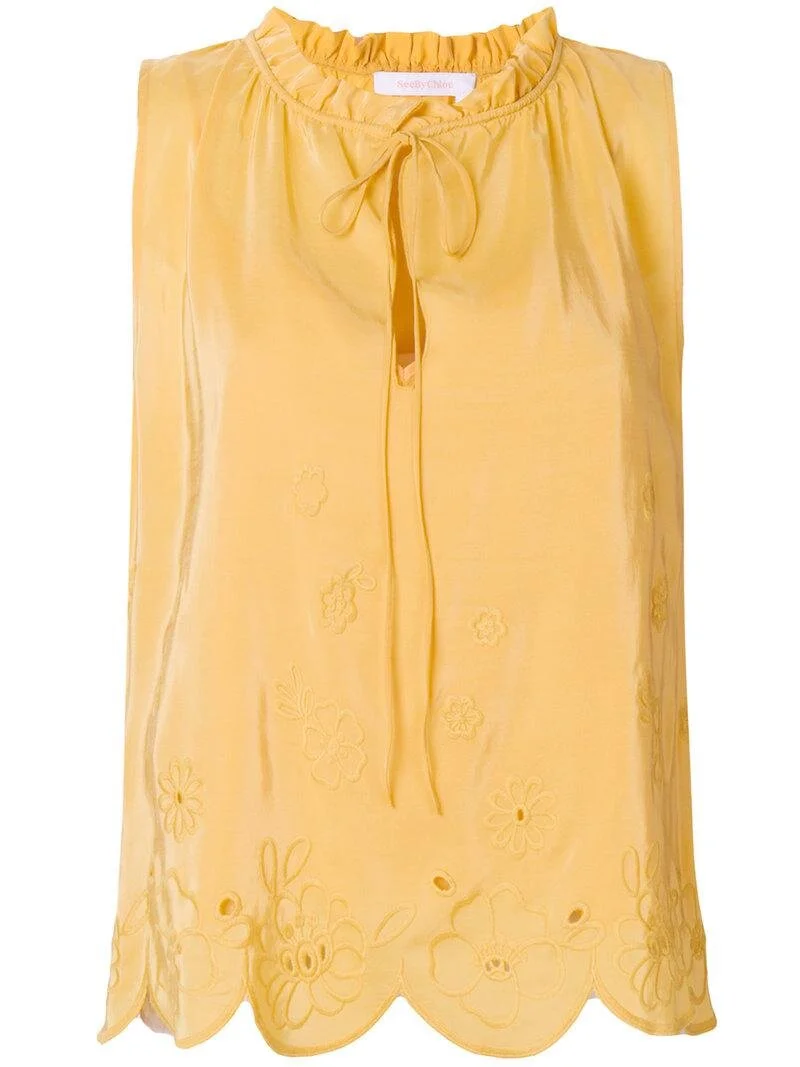 See by Chloé Scalloped Hem Embroidered Blouse in Yellow